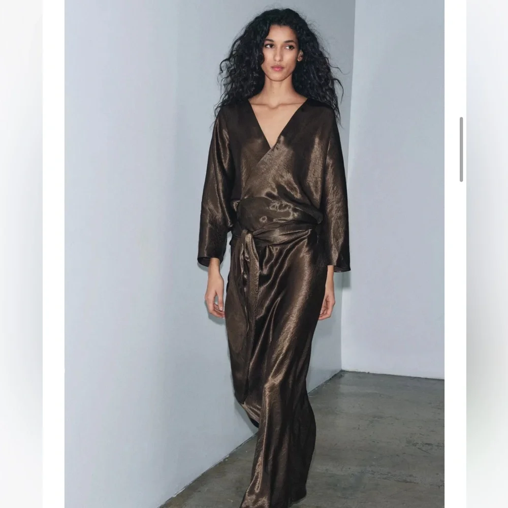 Zara NWT ZW Collection satin effect wrap dress brown 9780/063